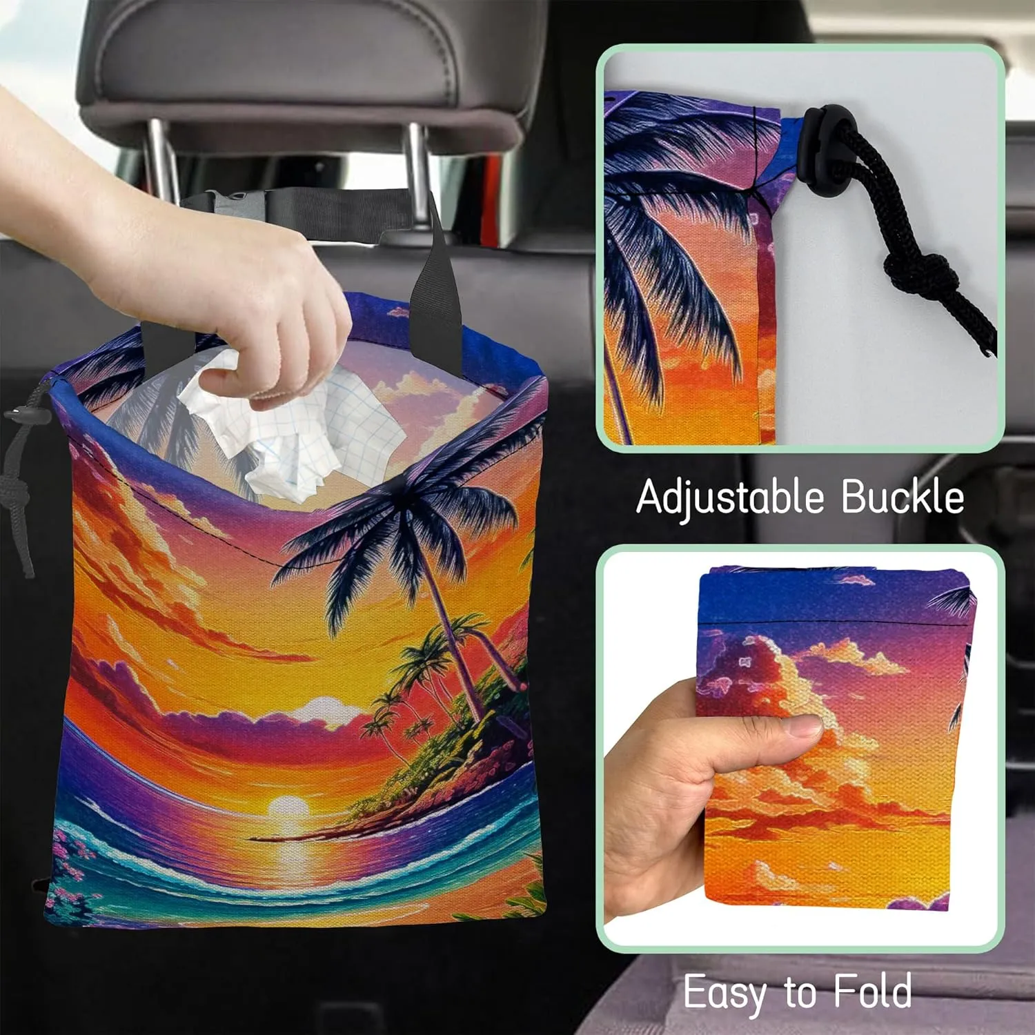 Beach Sunrise Car Garbage Bag,Palm Tree Waterproof Small Car Trash Bag Hanging Back of Seat,Drawstring Hanging Car Trash Bag with Adjustable Buckle for Car Accessories