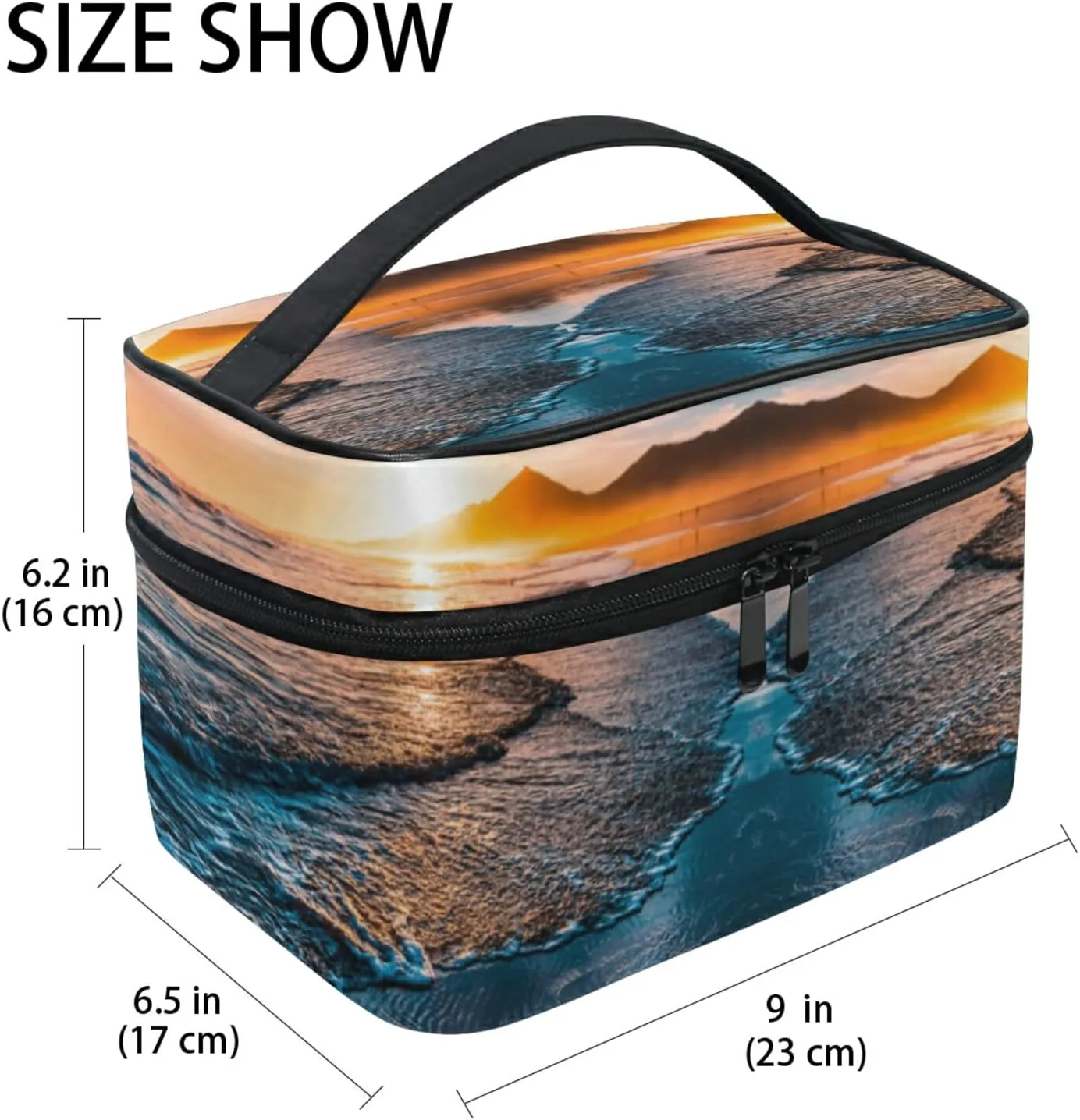 Beach Sunset with Endless Horizons Foamy Waves Sunlight Beauty Cosmetic with Zipper Brush Portable Storage Bag, Fashion printing Toiletry, Durable Travel Organizer Tote Unisex Gifts