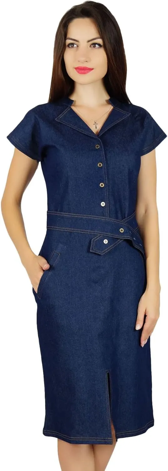 Bimba Womens Blue Denim Dress with Pockets Casual Cap Sleeve Chic Bodycon Dresses