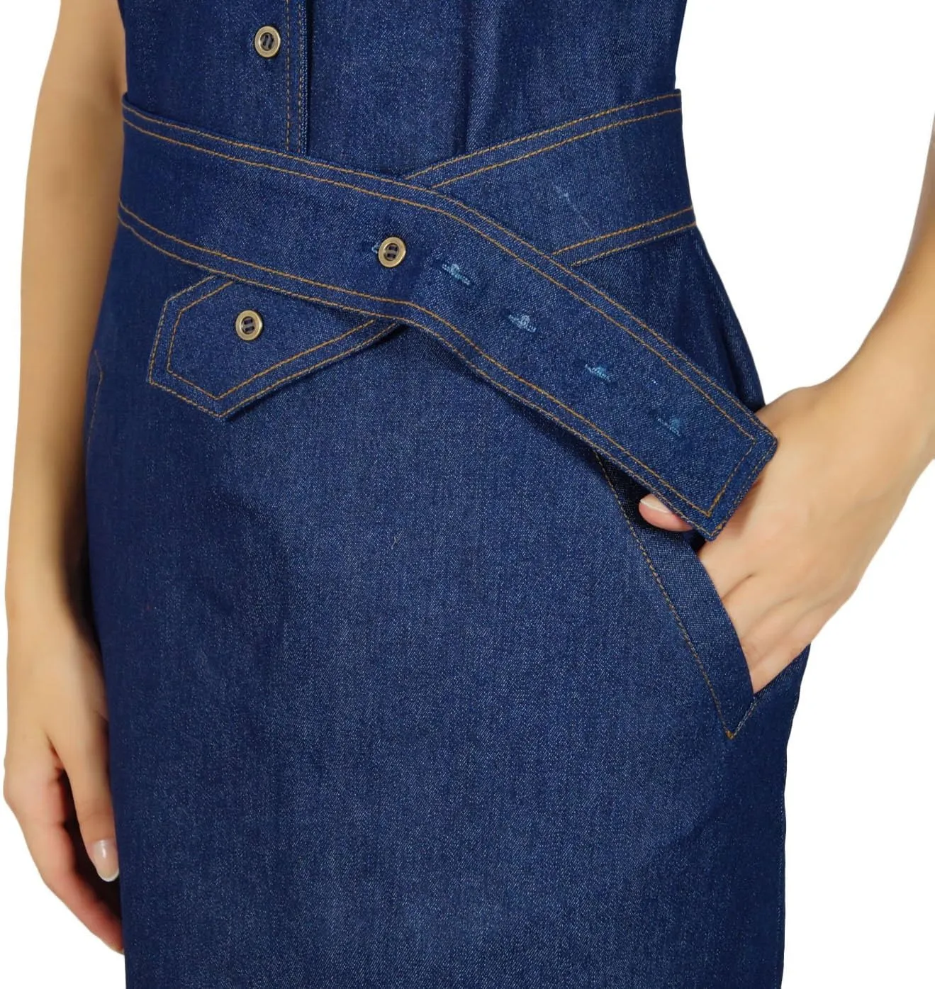 Bimba Womens Blue Denim Dress with Pockets Casual Cap Sleeve Chic Bodycon Dresses