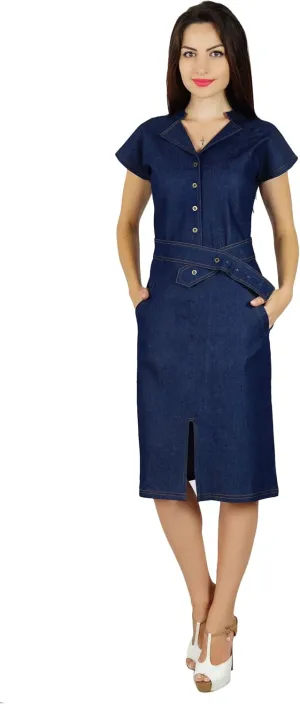 Bimba Womens Blue Denim Dress with Pockets Casual Cap Sleeve Chic Bodycon Dresses