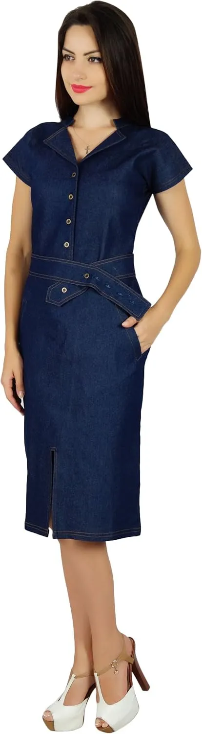 Bimba Womens Blue Denim Dress with Pockets Casual Cap Sleeve Chic Bodycon Dresses