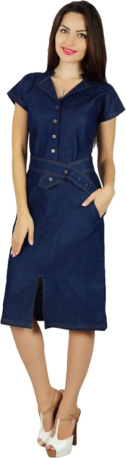 Bimba Womens Blue Denim Dress with Pockets Casual Cap Sleeve Chic Bodycon Dresses