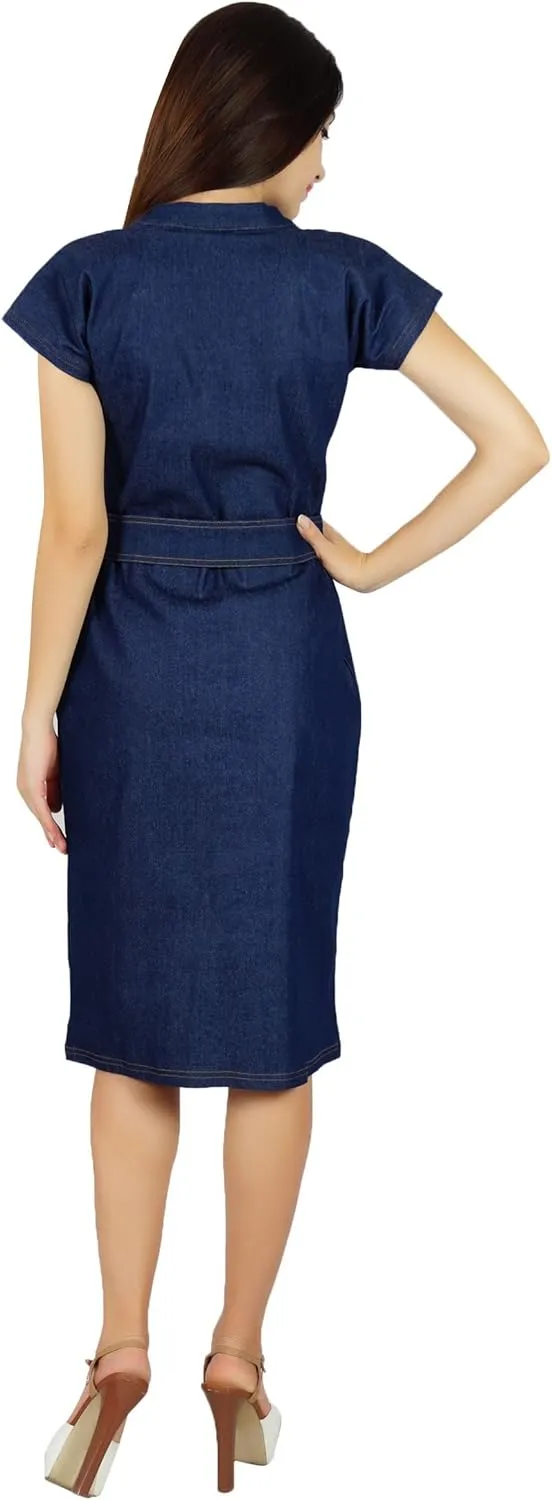 Bimba Womens Blue Denim Dress with Pockets Casual Cap Sleeve Chic Bodycon Dresses