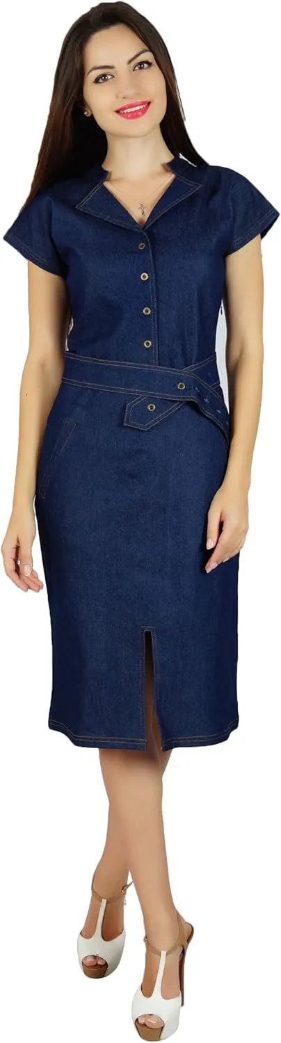 Bimba Womens Blue Denim Dress with Pockets Casual Cap Sleeve Chic Bodycon Dresses
