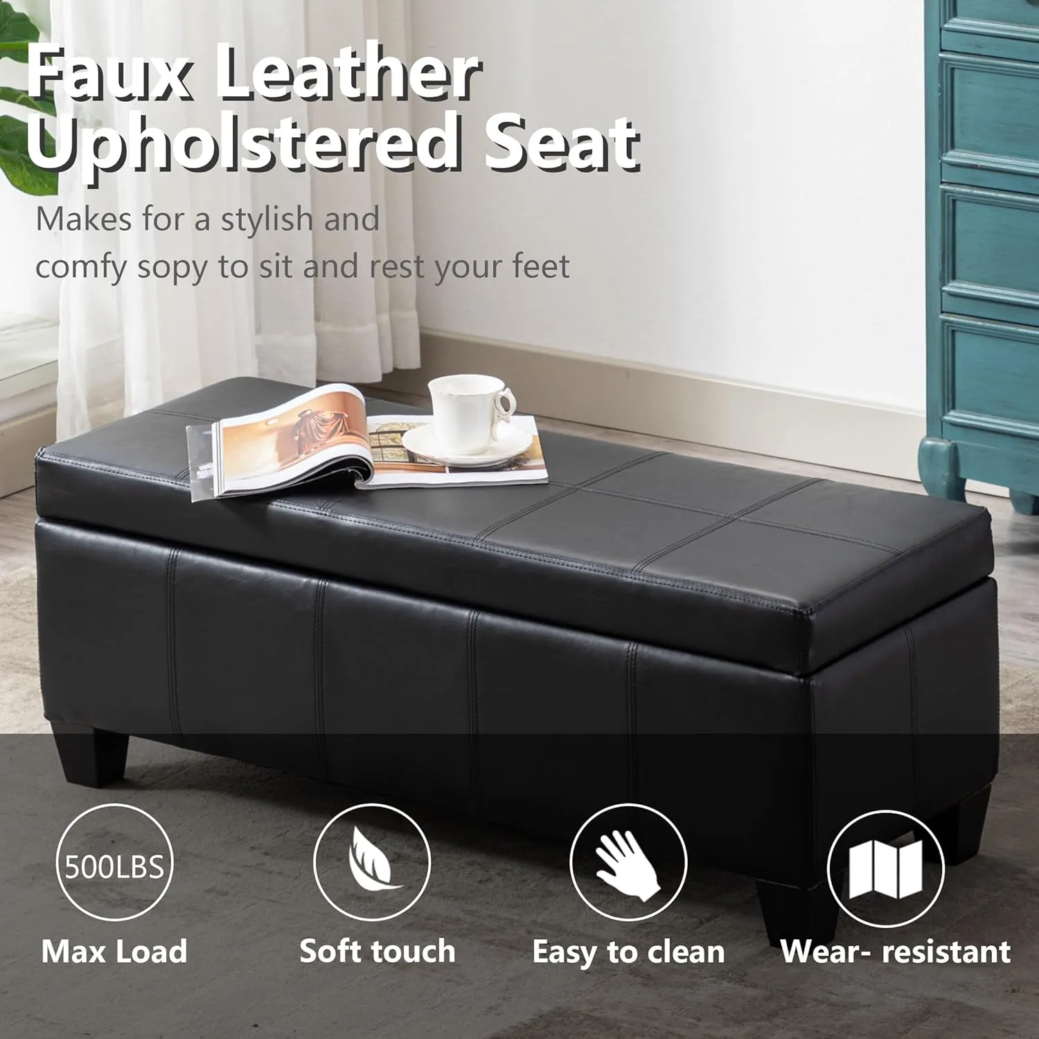 Black Faux Leather Ottoman with Storage, Rectangular Extra Long Storage Bench for Bedroom and Living Room