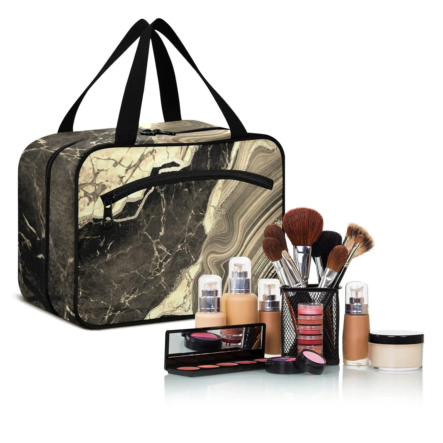 Black Gold Marble Stone Marbled Texture Mosaic with Golden Veins 1 PC Hanging Travel Wash bag with Handles, Portable Makeup Organizer Brush Storage Case Portable Travel Cosmetic with Hook M