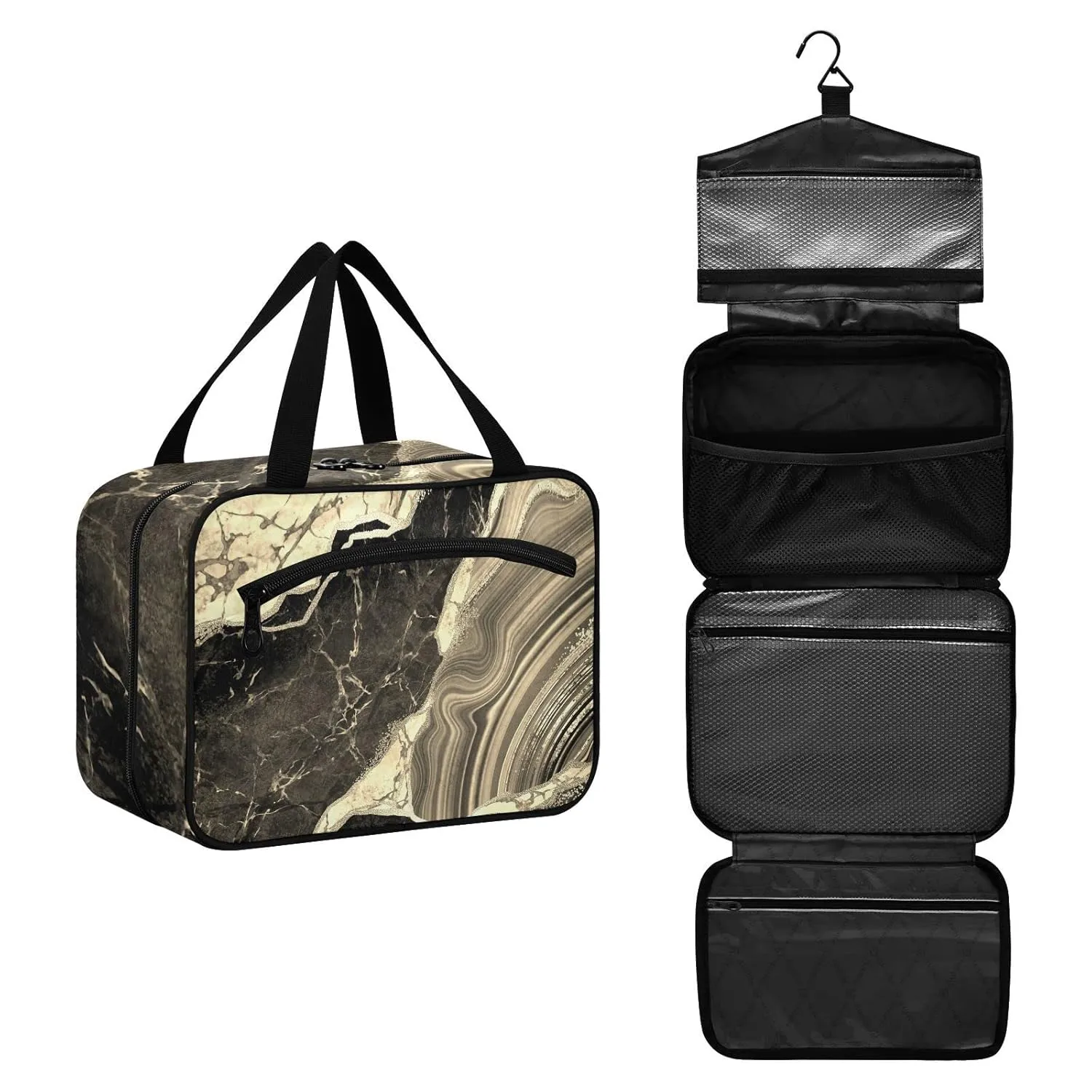 Black Gold Marble Stone Marbled Texture Mosaic with Golden Veins 1 PC Hanging Travel Wash bag with Handles, Portable Makeup Organizer Brush Storage Case Portable Travel Cosmetic with Hook M