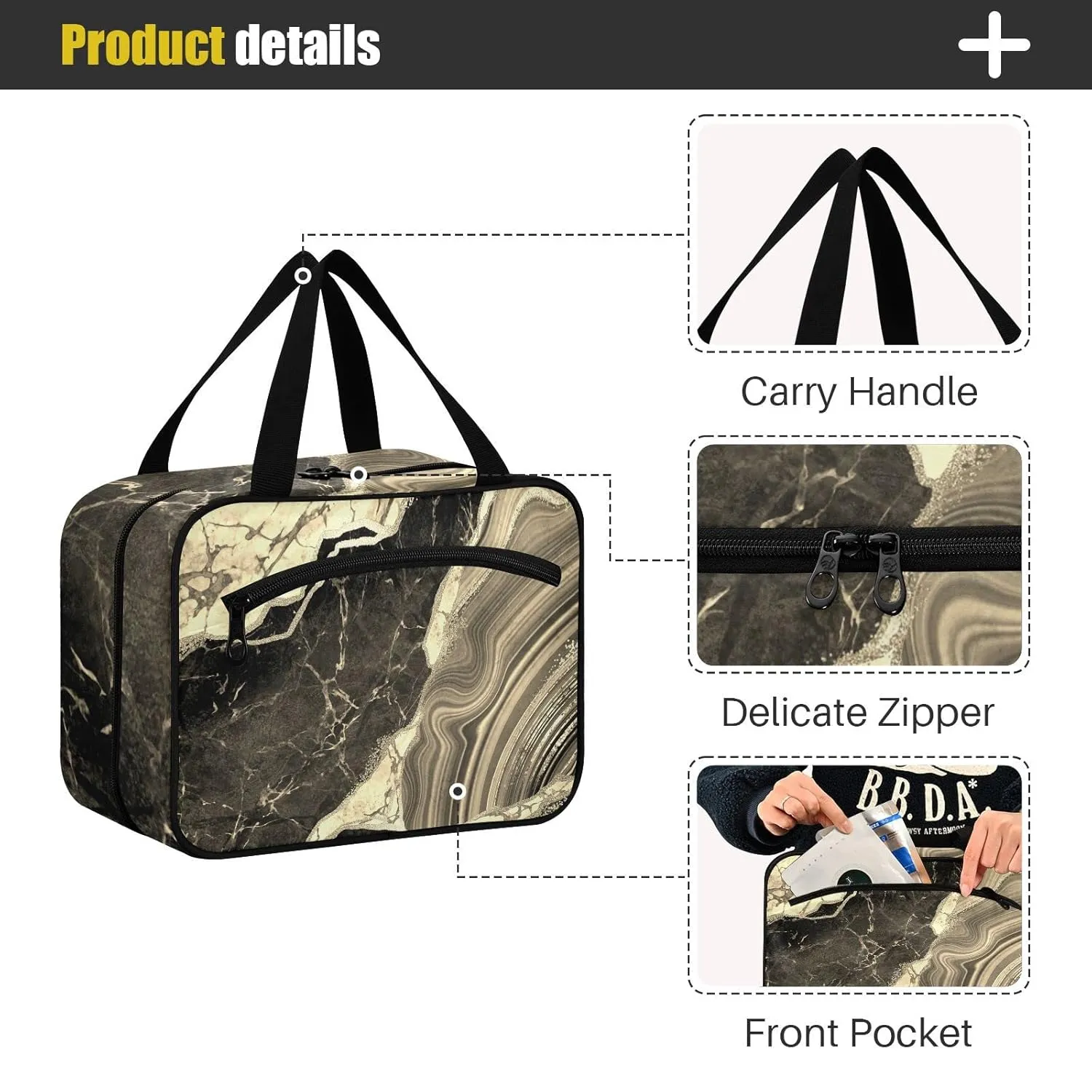 Black Gold Marble Stone Marbled Texture Mosaic with Golden Veins 1 PC Hanging Travel Wash bag with Handles, Portable Makeup Organizer Brush Storage Case Portable Travel Cosmetic with Hook M