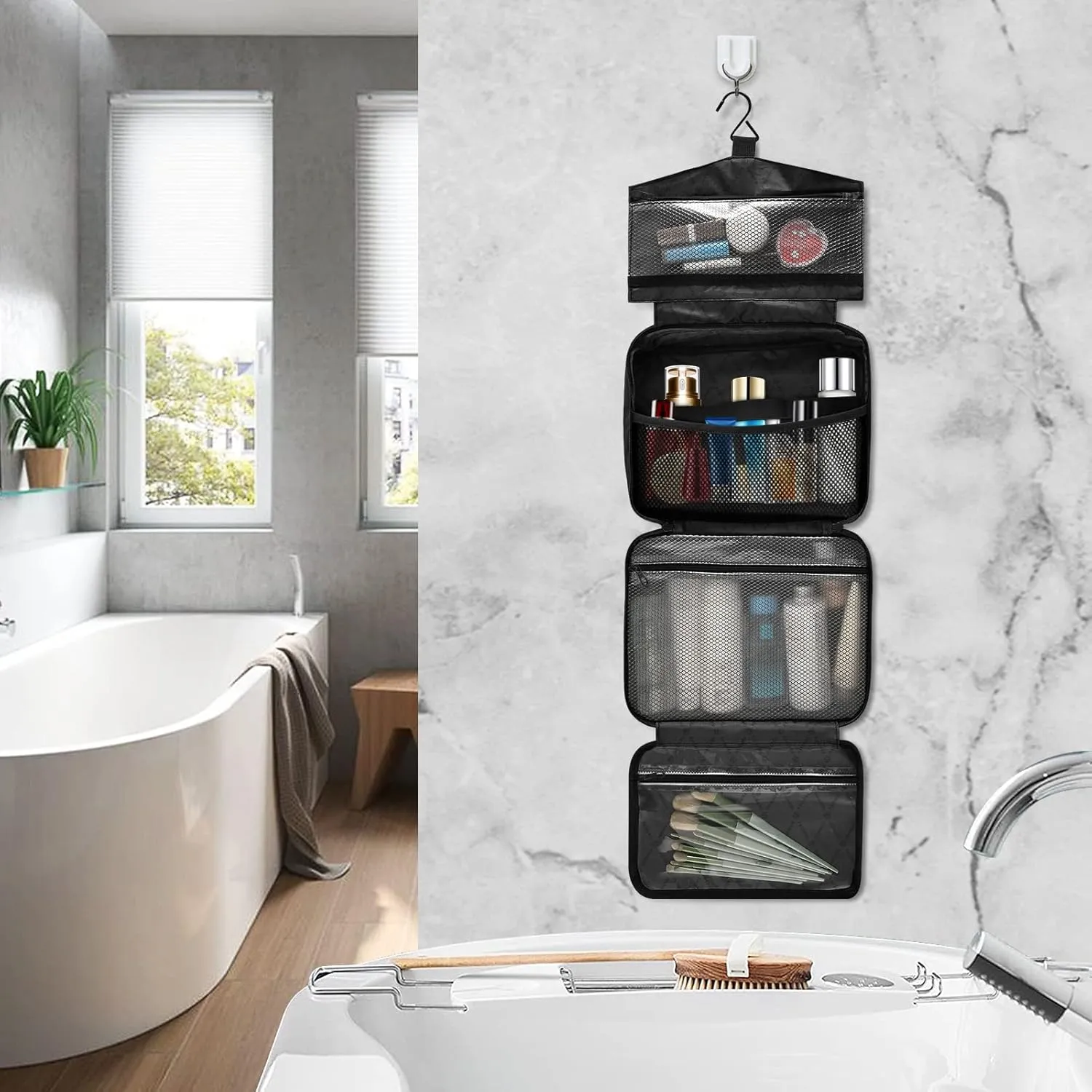 Black Gold Marble Stone Marbled Texture Mosaic with Golden Veins 1 PC Hanging Travel Wash bag with Handles, Portable Makeup Organizer Brush Storage Case Portable Travel Cosmetic with Hook M