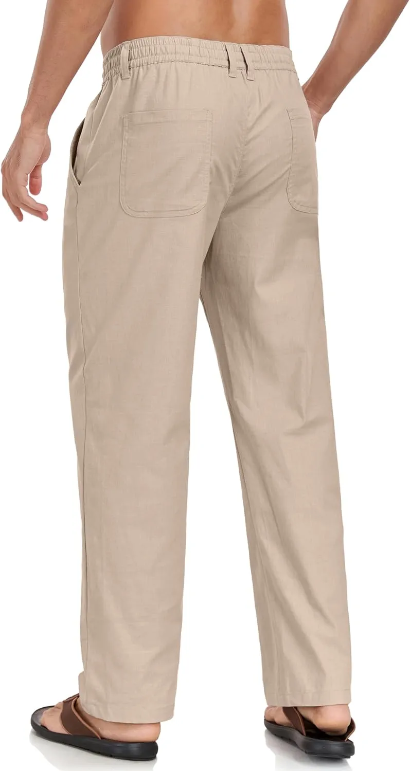 Boisouey Mens Casual Linen Pants Loose Fit Elastic Waist Drawstring Beach Summer Yoga Trousers