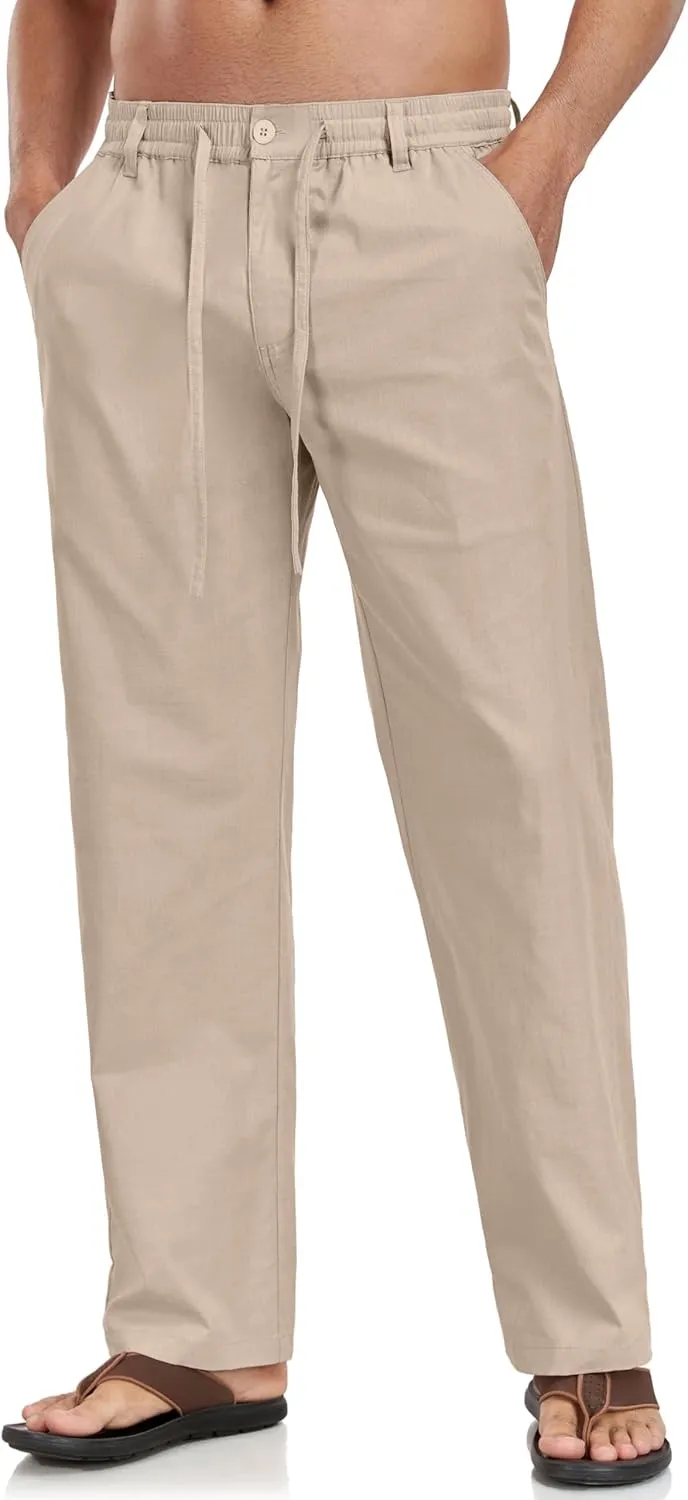 Boisouey Mens Casual Linen Pants Loose Fit Elastic Waist Drawstring Beach Summer Yoga Trousers