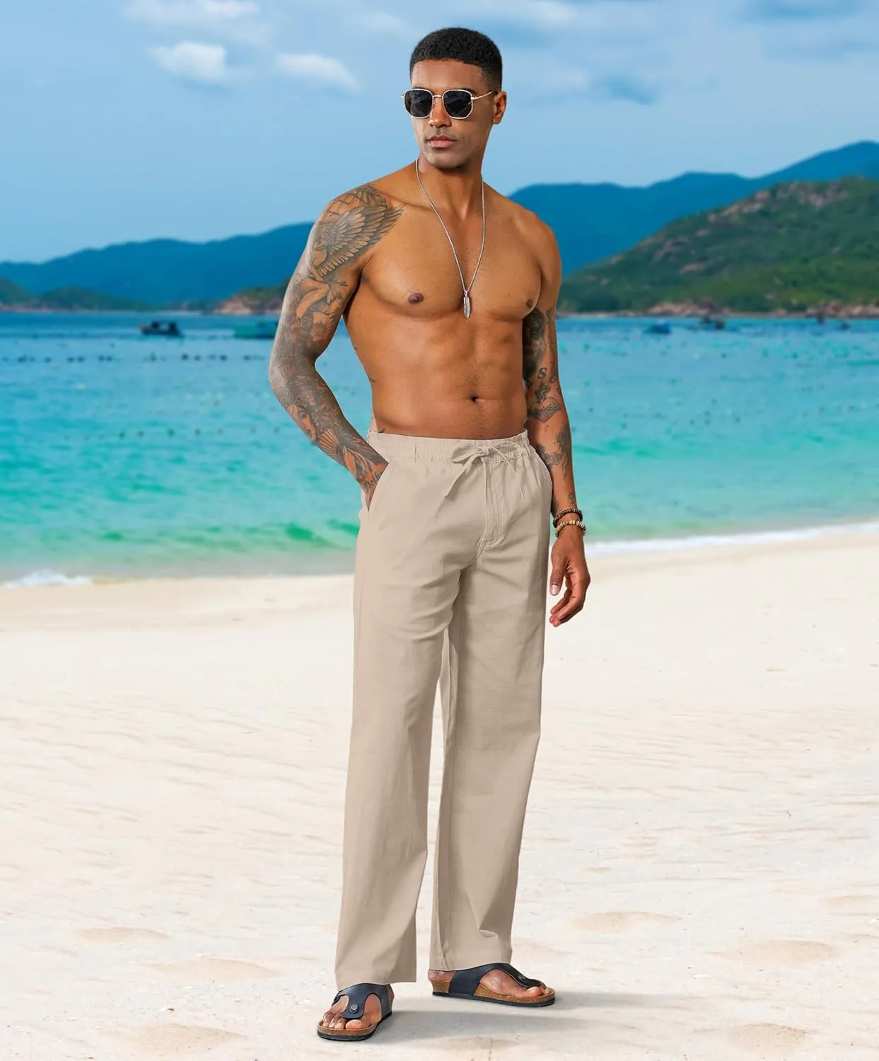 Boisouey Mens Casual Linen Pants Loose Fit Elastic Waist Drawstring Beach Summer Yoga Trousers