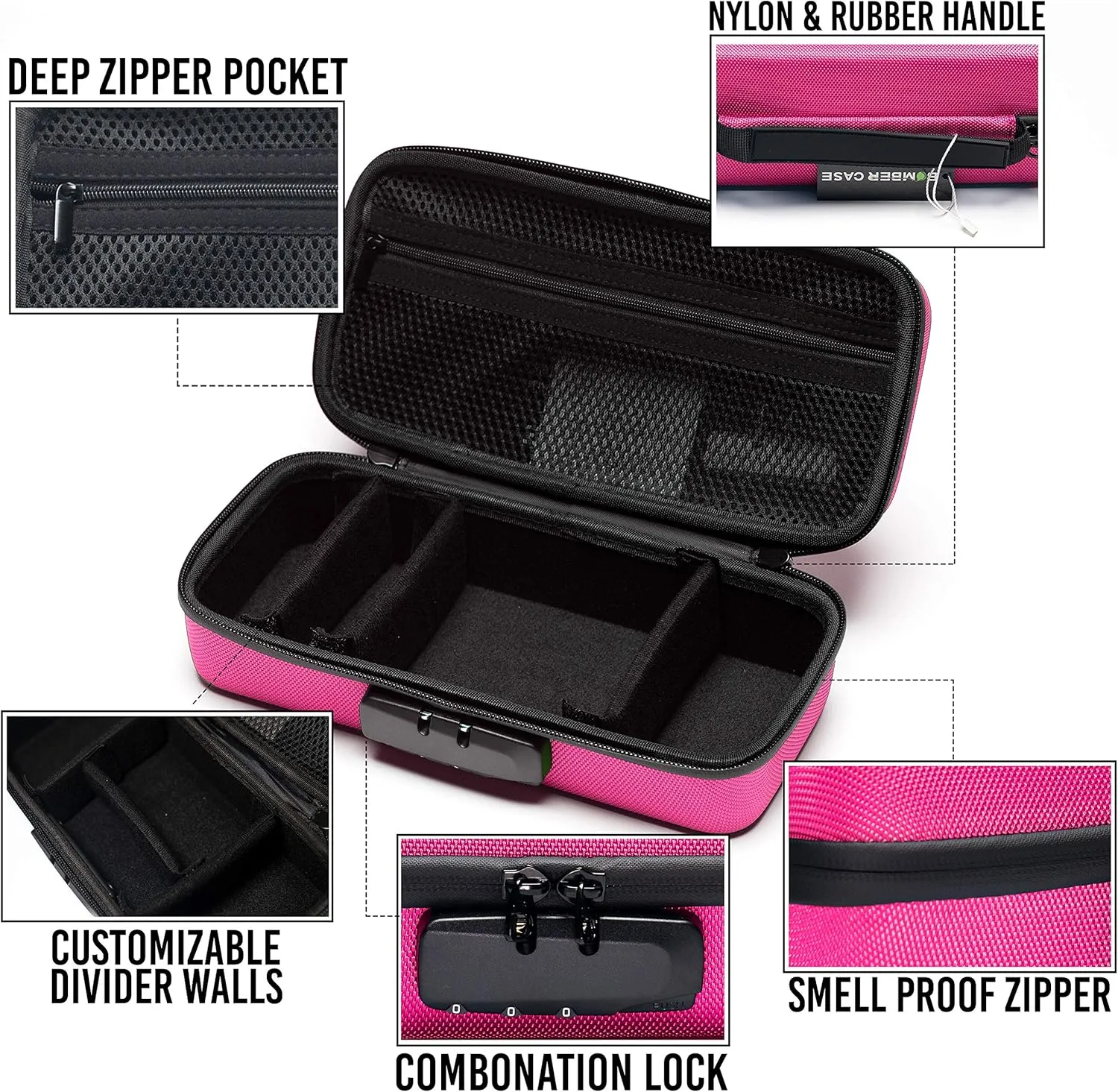 BOMBER CASE - Elite Series - Odor-Proof Lock Box with Customizable Interior - Durable, Flexible, and Secure - 9.5" x 4" x 3.5" - Pink