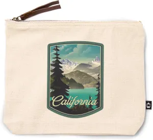 California, Lithograph, Lake and Mountains Scene, 100% Cotton Zipper Pouch, Travel Accessory, Go Bag