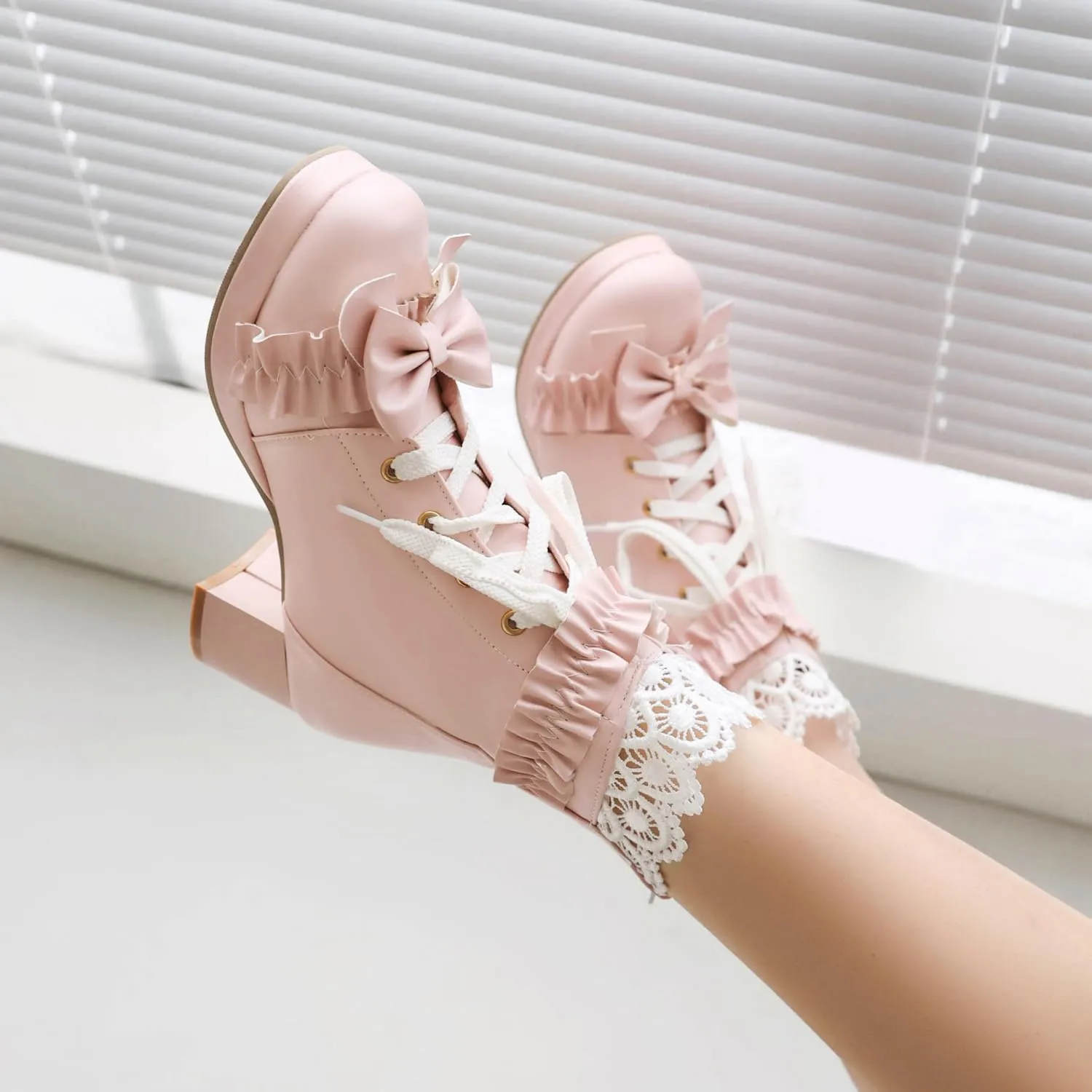 Caradise Women's Kawaii Lolita Platform Chunky Mid Heel Boots Cute Lace Up Ankle Booties with Bow Cosplay Uniform Dress Shoes