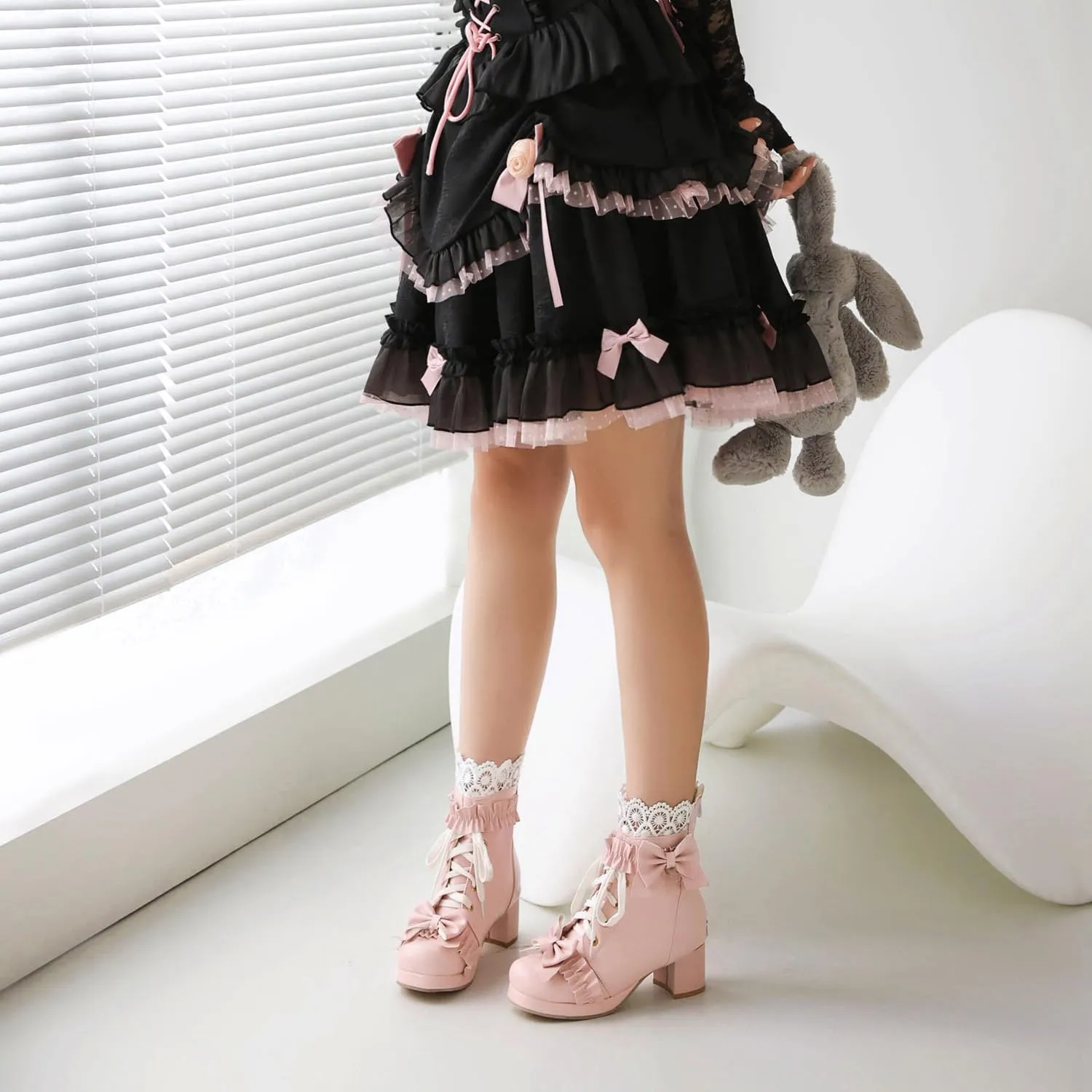 Caradise Women's Kawaii Lolita Platform Chunky Mid Heel Boots Cute Lace Up Ankle Booties with Bow Cosplay Uniform Dress Shoes