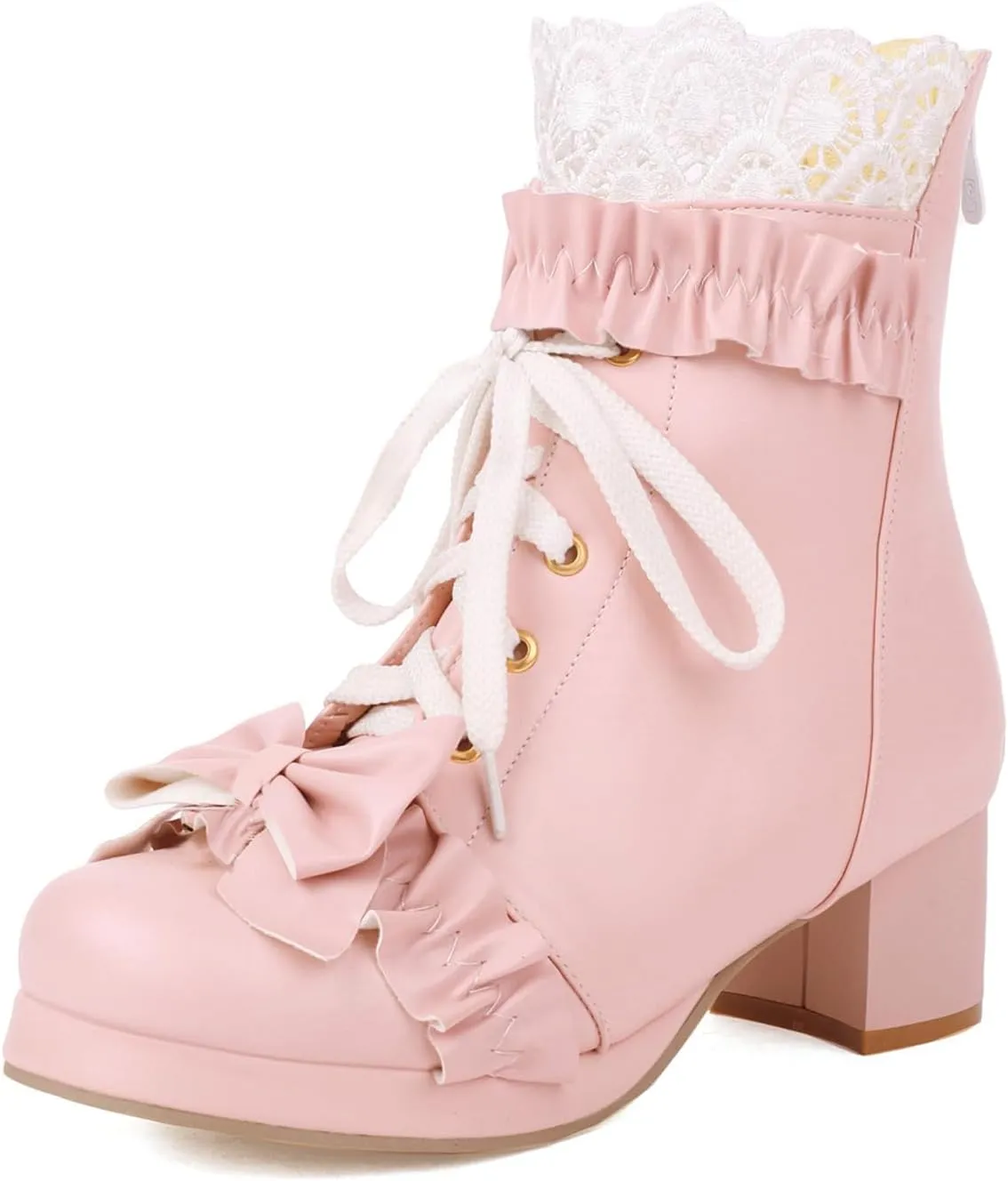 Caradise Women's Kawaii Lolita Platform Chunky Mid Heel Boots Cute Lace Up Ankle Booties with Bow Cosplay Uniform Dress Shoes