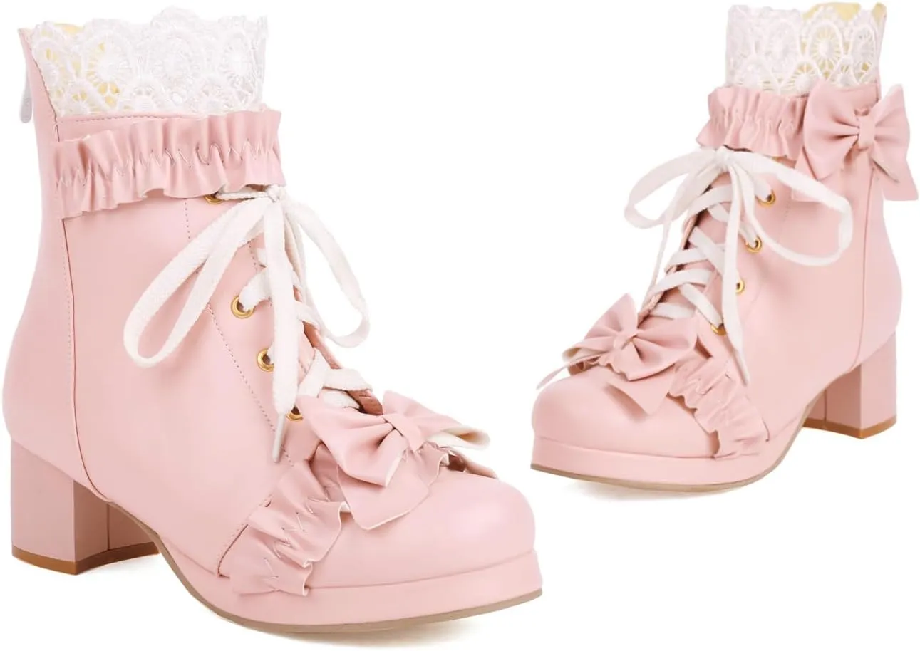 Caradise Women's Kawaii Lolita Platform Chunky Mid Heel Boots Cute Lace Up Ankle Booties with Bow Cosplay Uniform Dress Shoes