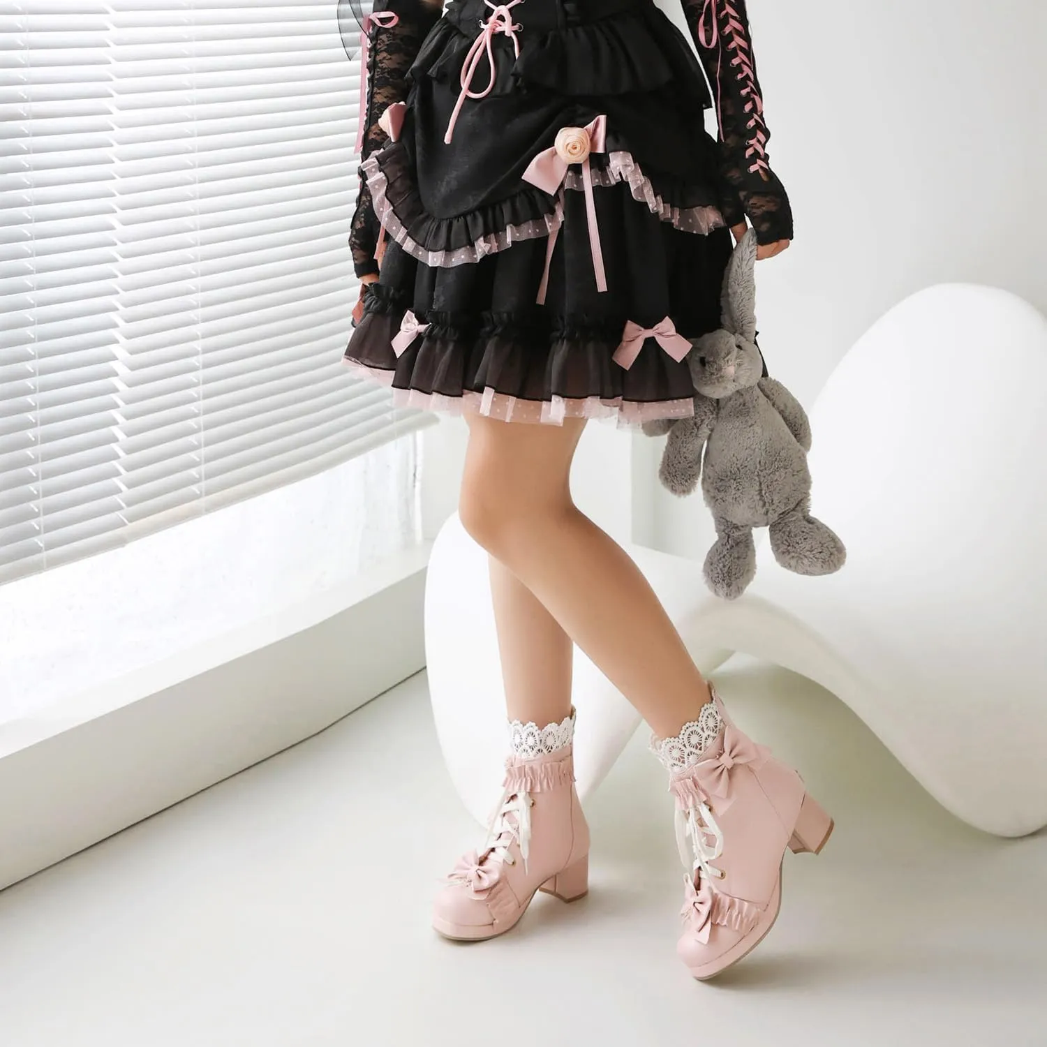 Caradise Women's Kawaii Lolita Platform Chunky Mid Heel Boots Cute Lace Up Ankle Booties with Bow Cosplay Uniform Dress Shoes