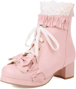 Caradise Women's Kawaii Lolita Platform Chunky Mid Heel Boots Cute Lace Up Ankle Booties with Bow Cosplay Uniform Dress Shoes