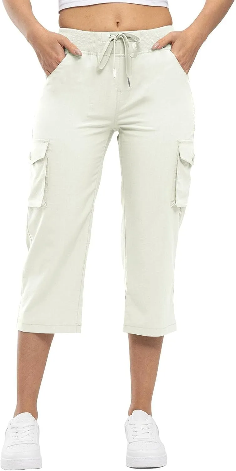 Cargo Capris for Women Summer Casual Drawstring Lightweight Outdoor Travel Hiking Cropped Pants with 6 Pockets
