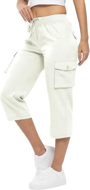 Cargo Capris for Women Summer Casual Drawstring Lightweight Outdoor Travel Hiking Cropped Pants with 6 Pockets