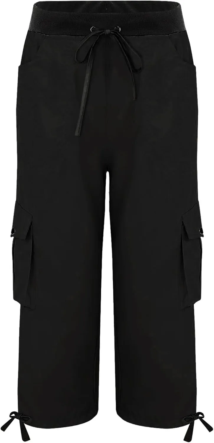 Cargo Capris for Women with Pockets Lightweight Hiking Pants Casual Drawstring Capri High Waisted Travel Pant