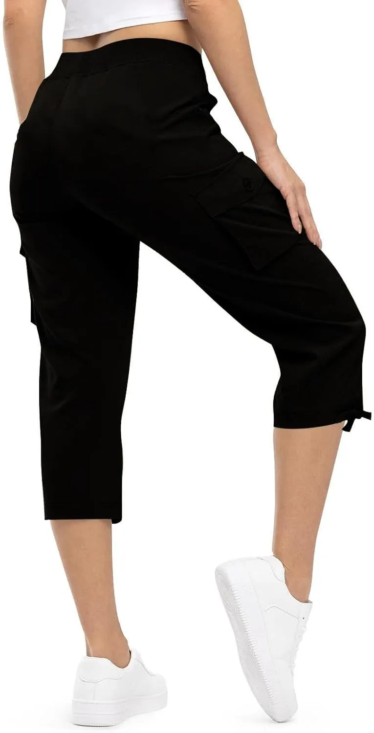 Cargo Capris for Women with Pockets Lightweight Hiking Pants Casual Drawstring Capri High Waisted Travel Pant