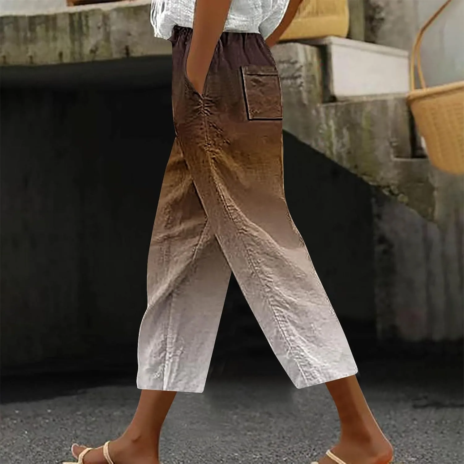Casual Gradient Color Capris Pants for Women Comfy Loose Fit Drawstring Seven Pant with Pockets Vacation Going Out