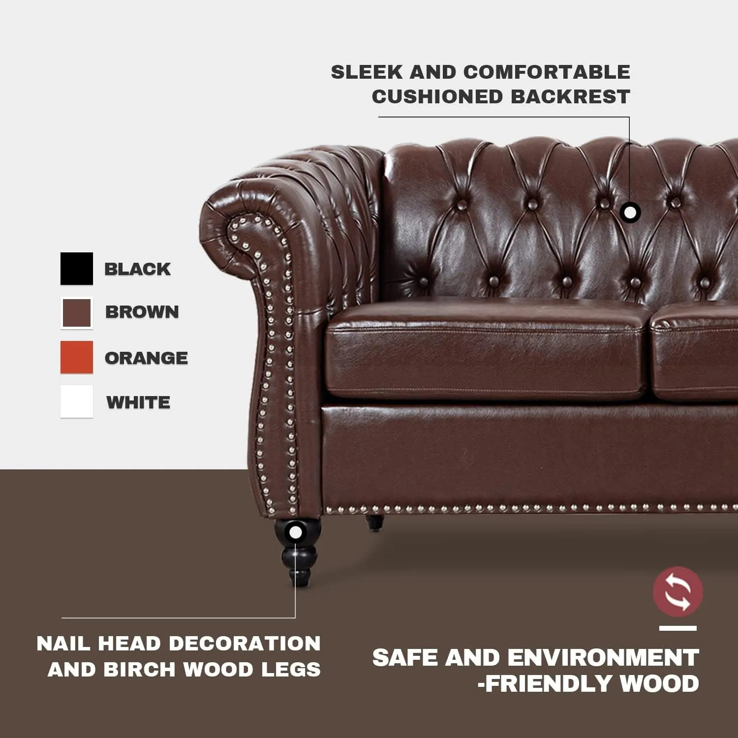 Chesterfield Sofa Tufted Leather Sofas for Living Room Rolled Arm 3-Seater Couch Deep Button Nailhead Upholstered Couches High-End Furniture 84" Easy to Assemble (Brown)