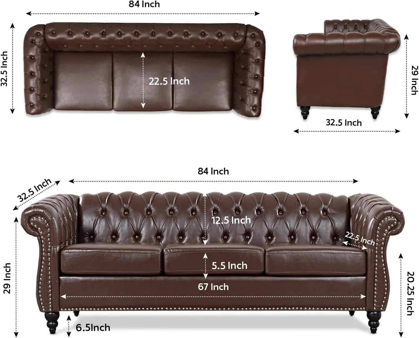Chesterfield Sofa Tufted Leather Sofas for Living Room Rolled Arm 3-Seater Couch Deep Button Nailhead Upholstered Couches High-End Furniture 84" Easy to Assemble (Brown)