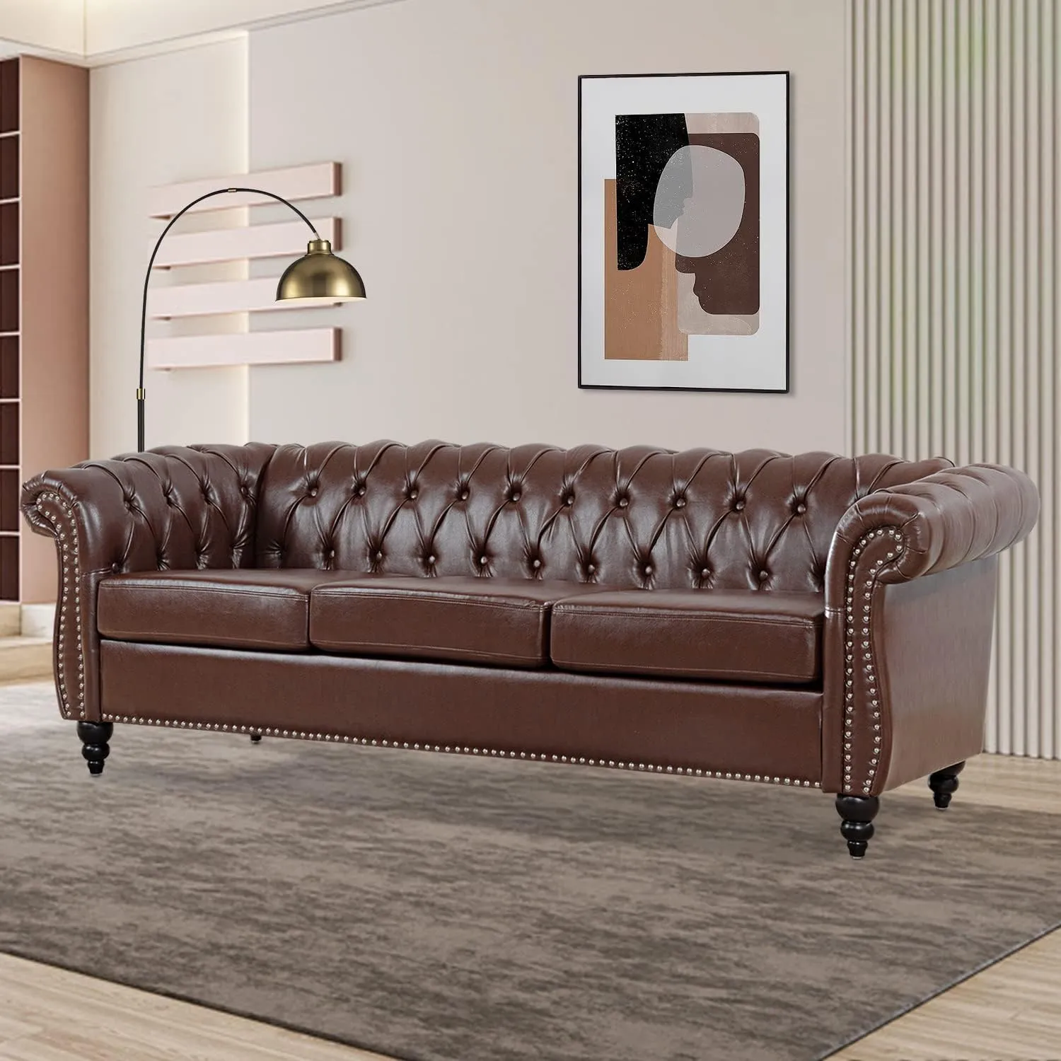 Chesterfield Sofa Tufted Leather Sofas for Living Room Rolled Arm 3-Seater Couch Deep Button Nailhead Upholstered Couches High-End Furniture 84" Easy to Assemble (Brown)
