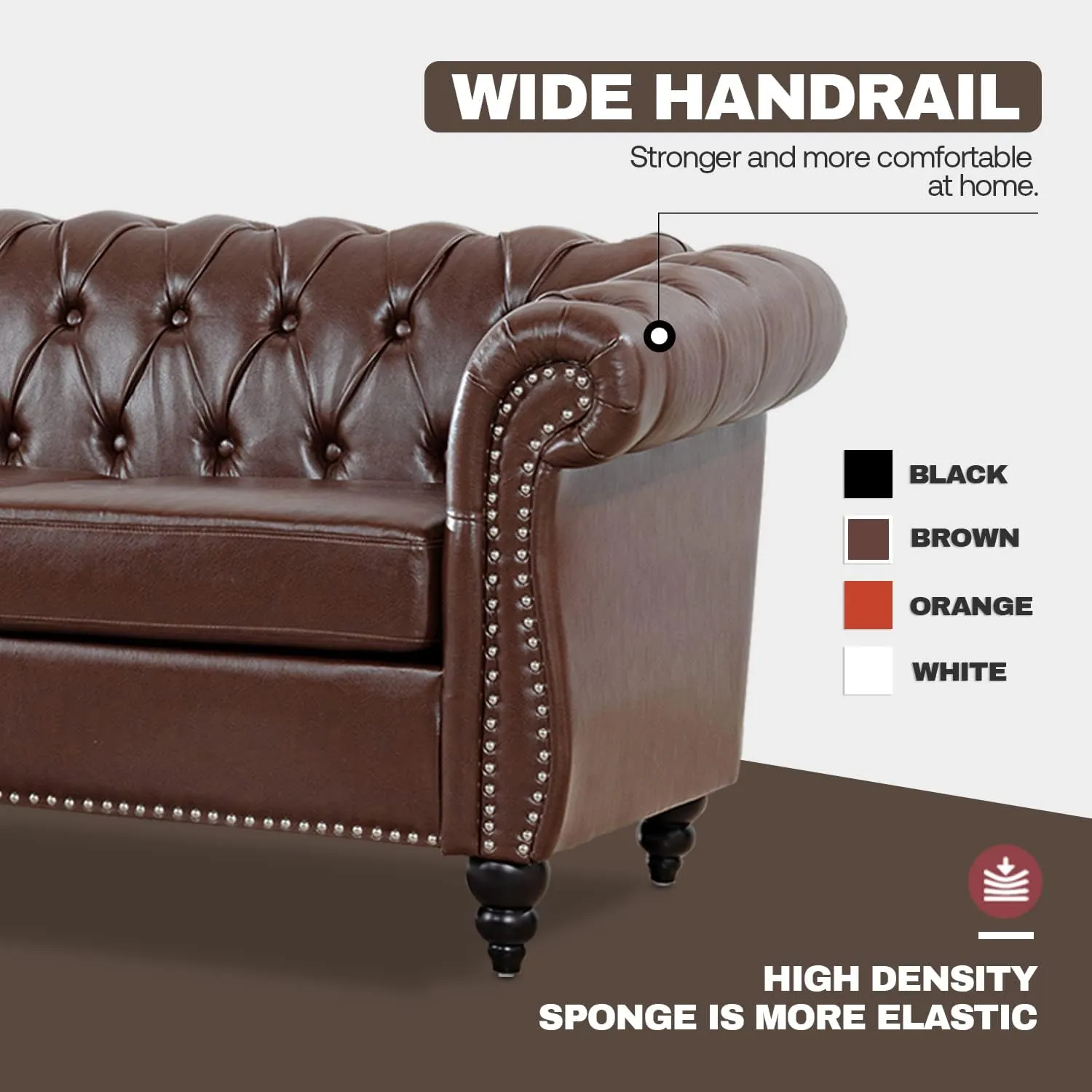 Chesterfield Sofa Tufted Leather Sofas for Living Room Rolled Arm 3-Seater Couch Deep Button Nailhead Upholstered Couches High-End Furniture 84" Easy to Assemble (Brown)