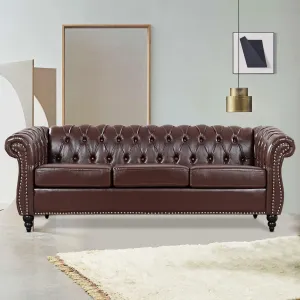 Chesterfield Sofa Tufted Leather Sofas for Living Room Rolled Arm 3-Seater Couch Deep Button Nailhead Upholstered Couches High-End Furniture 84" Easy to Assemble (Brown)