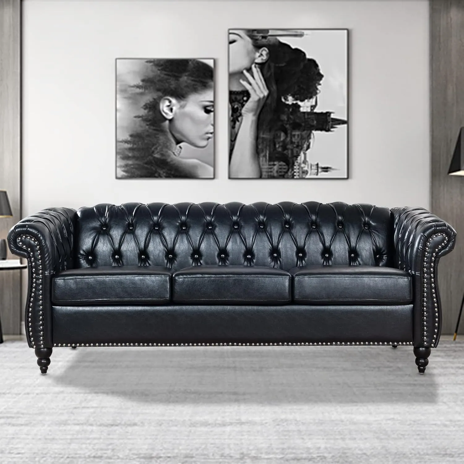 Chesterfield Sofas for Living Room, Black Rolled Arm 3-Seater Leather 84" Large Couch Deep Button Nailhead Tufted Upholstered Couches for Bedroom, Office Apartment Easy to Assemble