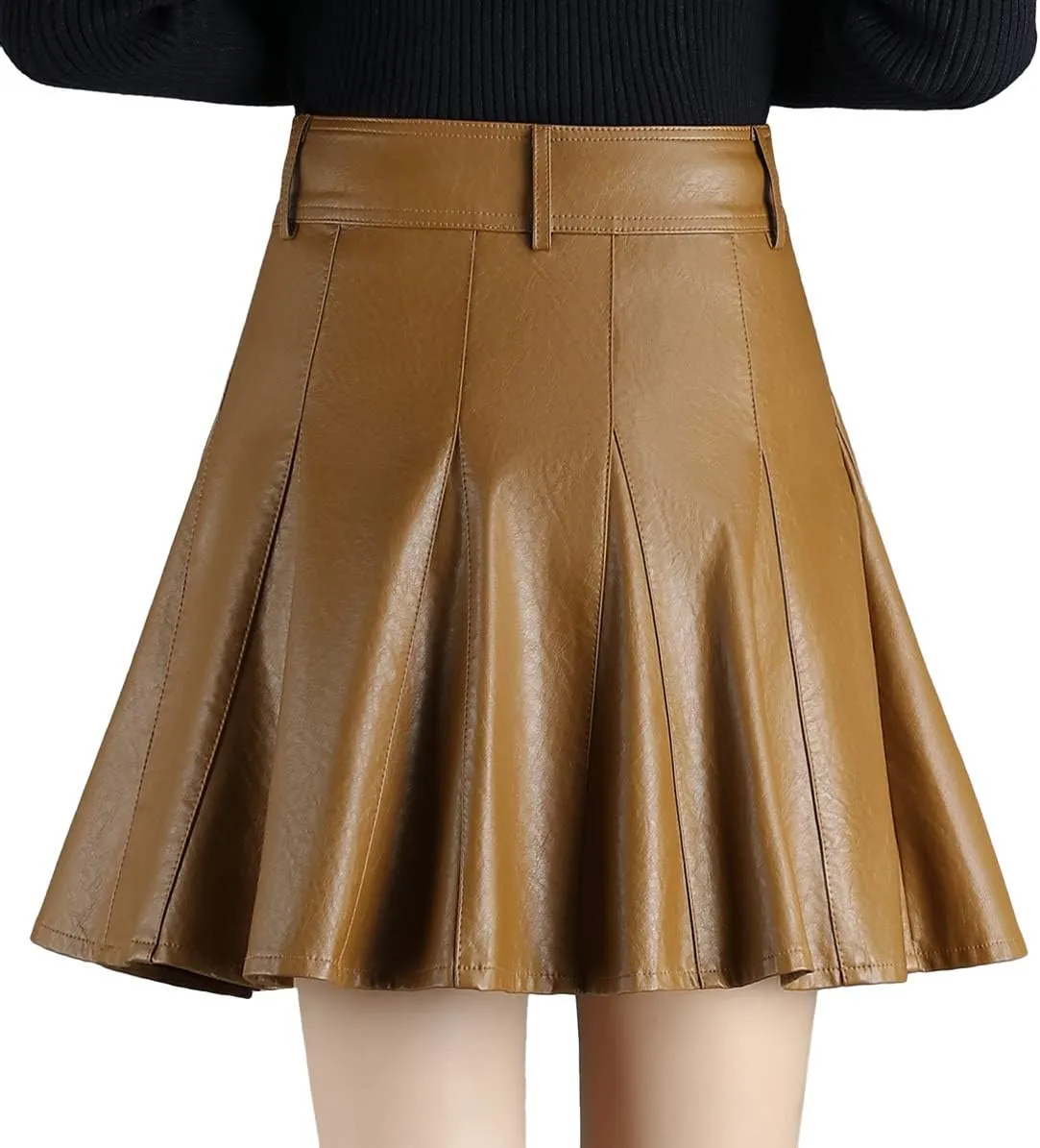 chouyatou Women's Casual Side Zipper Flare Pleated Faux Leather Skater Skirts
