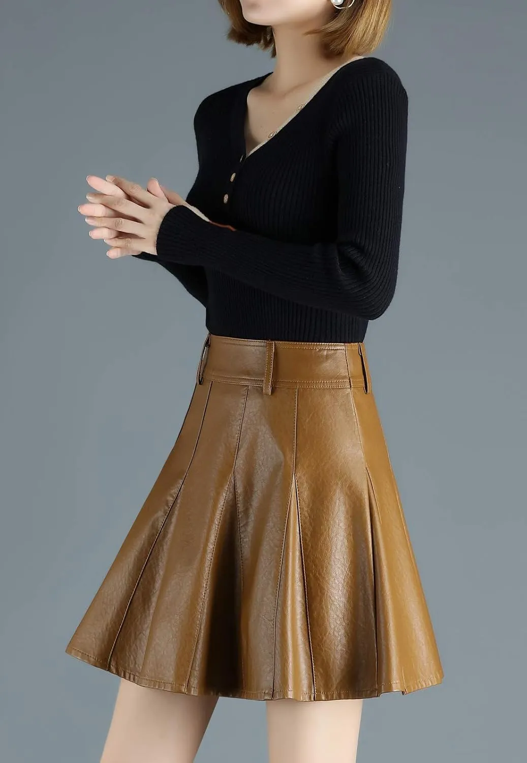 chouyatou Women's Casual Side Zipper Flare Pleated Faux Leather Skater Skirts