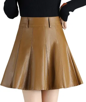 chouyatou Women's Casual Side Zipper Flare Pleated Faux Leather Skater Skirts