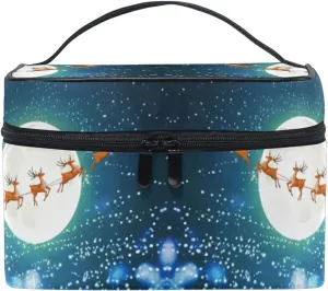 Christmas Santa Claus Drives Sleigh with Reindeer on the Starry Sky Beauty Cosmetic with Zipper Brush Portable Storage Bag, Fashion printing Toiletry, Durable Travel Organizer Tote Unisex Gifts