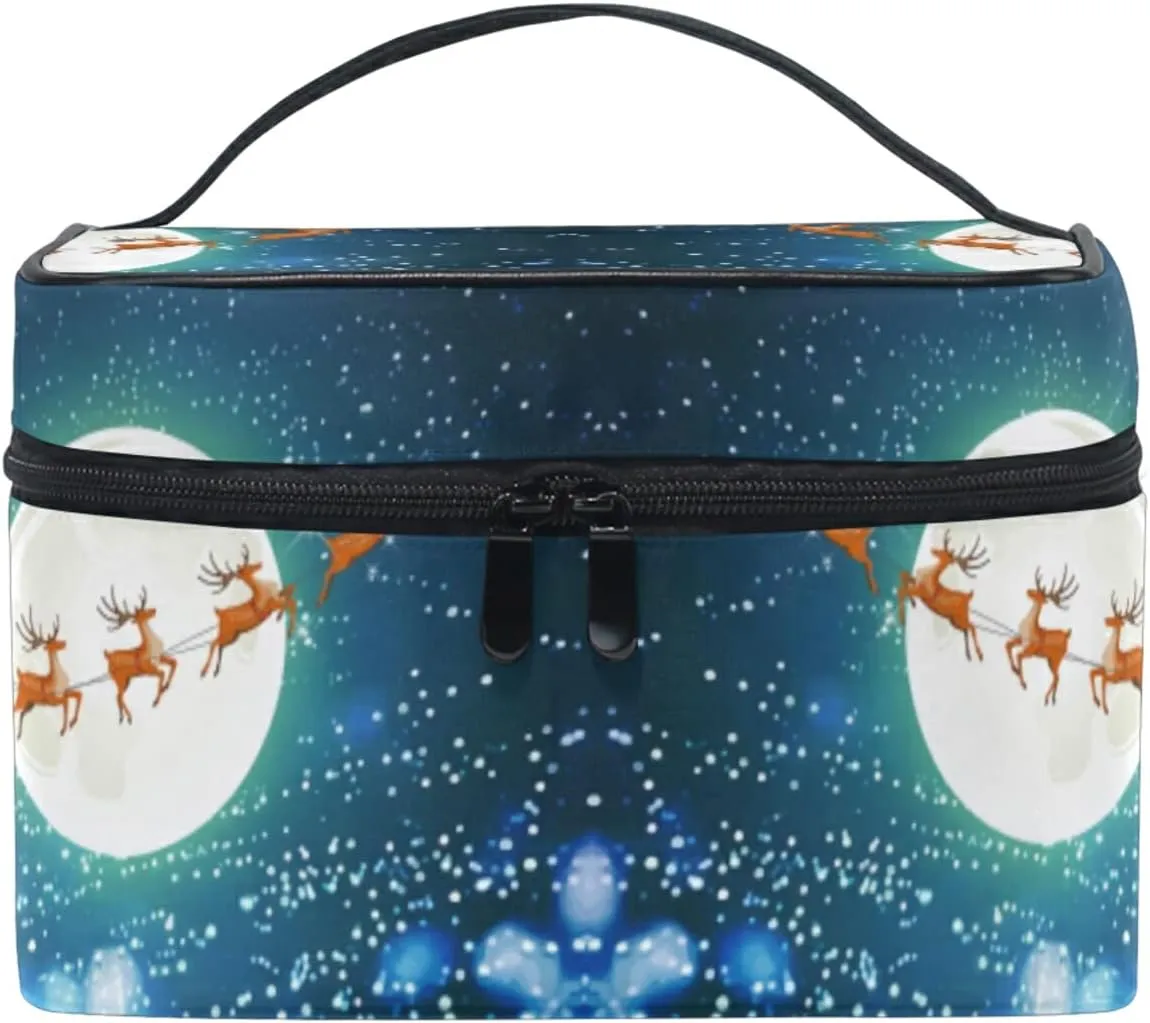 Christmas Santa Claus Drives Sleigh with Reindeer on the Starry Sky Beauty Cosmetic with Zipper Brush Portable Storage Bag, Fashion printing Toiletry, Durable Travel Organizer Tote Unisex Gifts