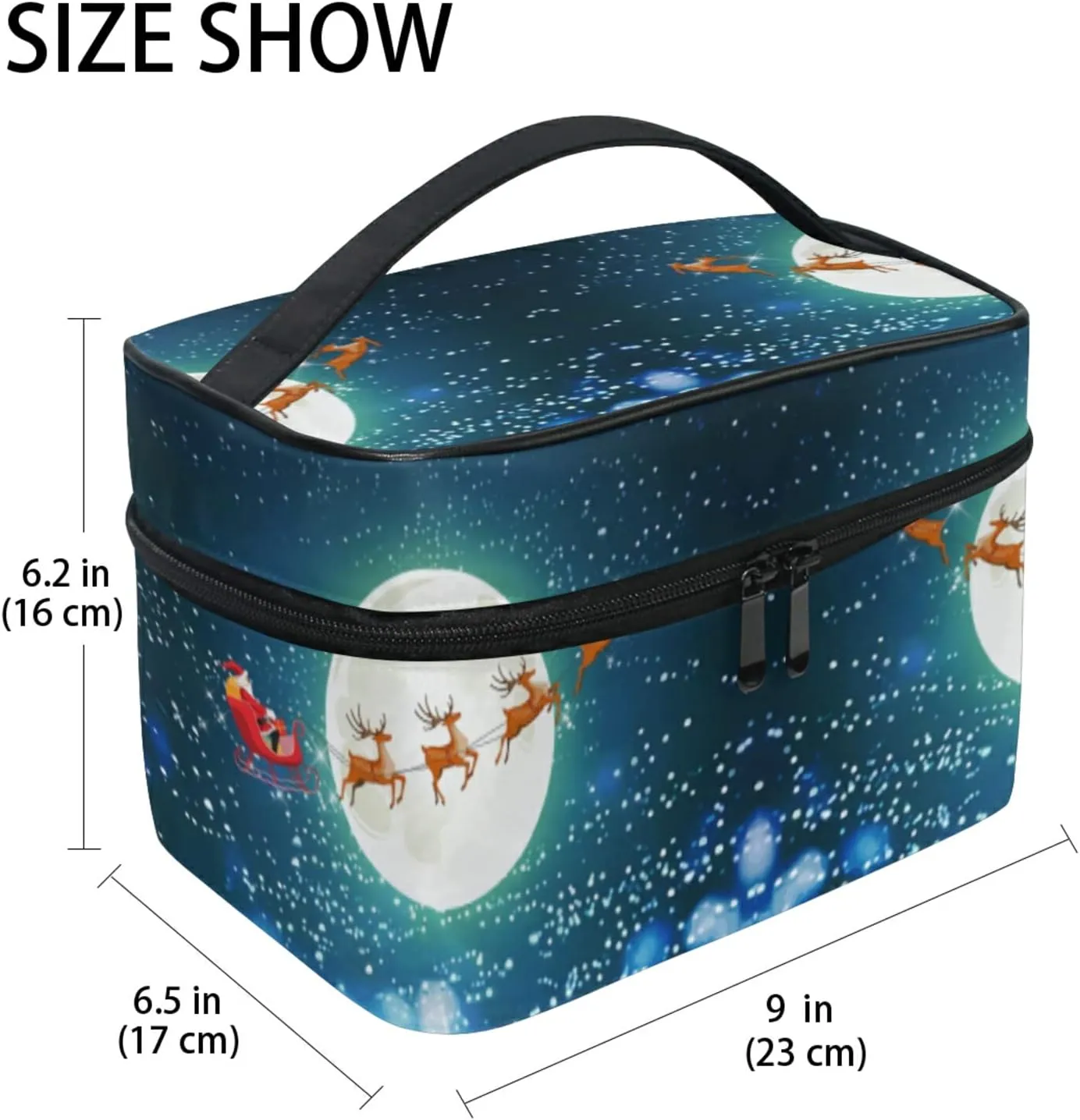 Christmas Santa Claus Drives Sleigh with Reindeer on the Starry Sky Beauty Cosmetic with Zipper Brush Portable Storage Bag, Fashion printing Toiletry, Durable Travel Organizer Tote Unisex Gifts