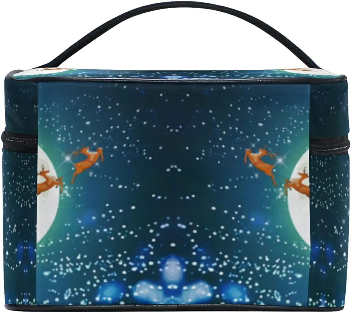 Christmas Santa Claus Drives Sleigh with Reindeer on the Starry Sky Beauty Cosmetic with Zipper Brush Portable Storage Bag, Fashion printing Toiletry, Durable Travel Organizer Tote Unisex Gifts