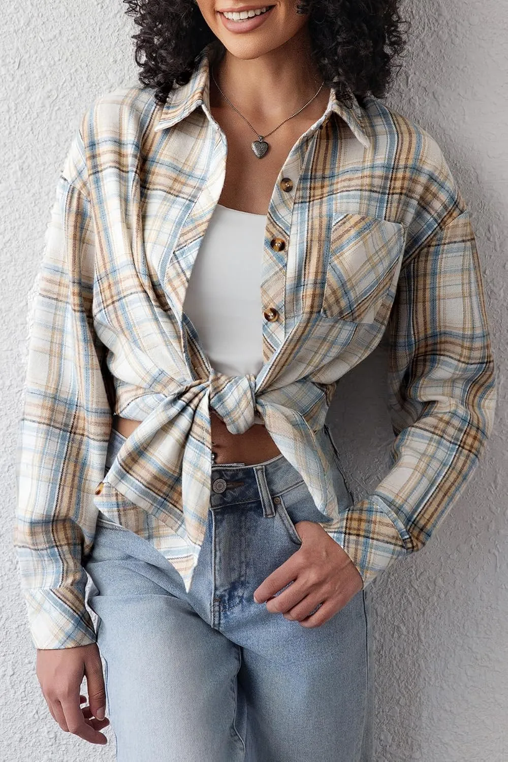 CHYRII Womens Button Down Flannel Shirts Long Sleeve Plaid Shackets Business Casual Blouse Top