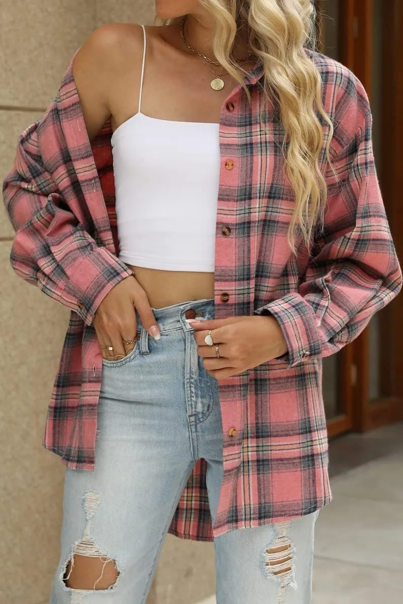 CHYRII Womens Button Down Flannel Shirts Long Sleeve Plaid Shackets Business Casual Blouse Top