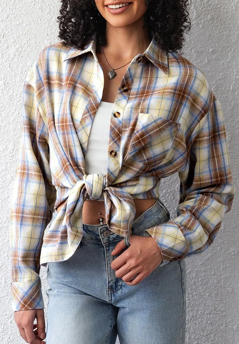 CHYRII Womens Button Down Flannel Shirts Long Sleeve Plaid Shackets Business Casual Blouse Top