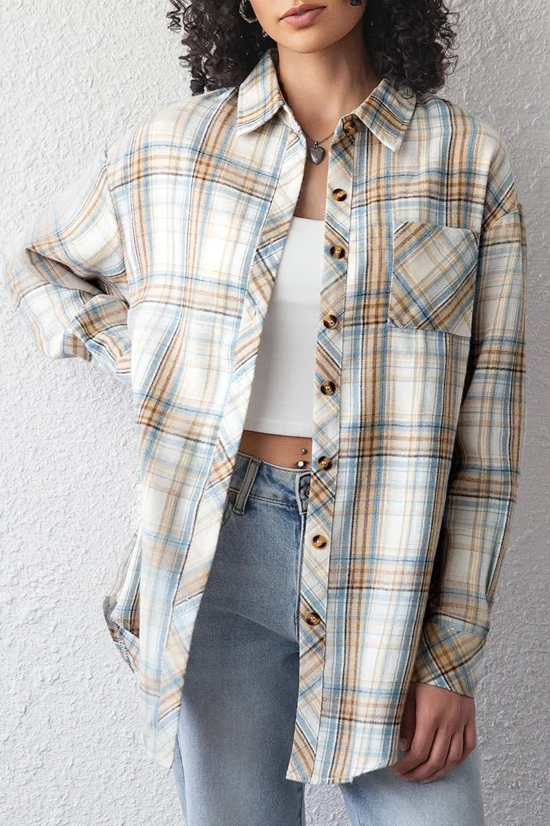 CHYRII Womens Button Down Flannel Shirts Long Sleeve Plaid Shackets Business Casual Blouse Top