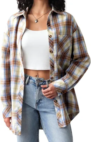 CHYRII Womens Button Down Flannel Shirts Long Sleeve Plaid Shackets Business Casual Blouse Top