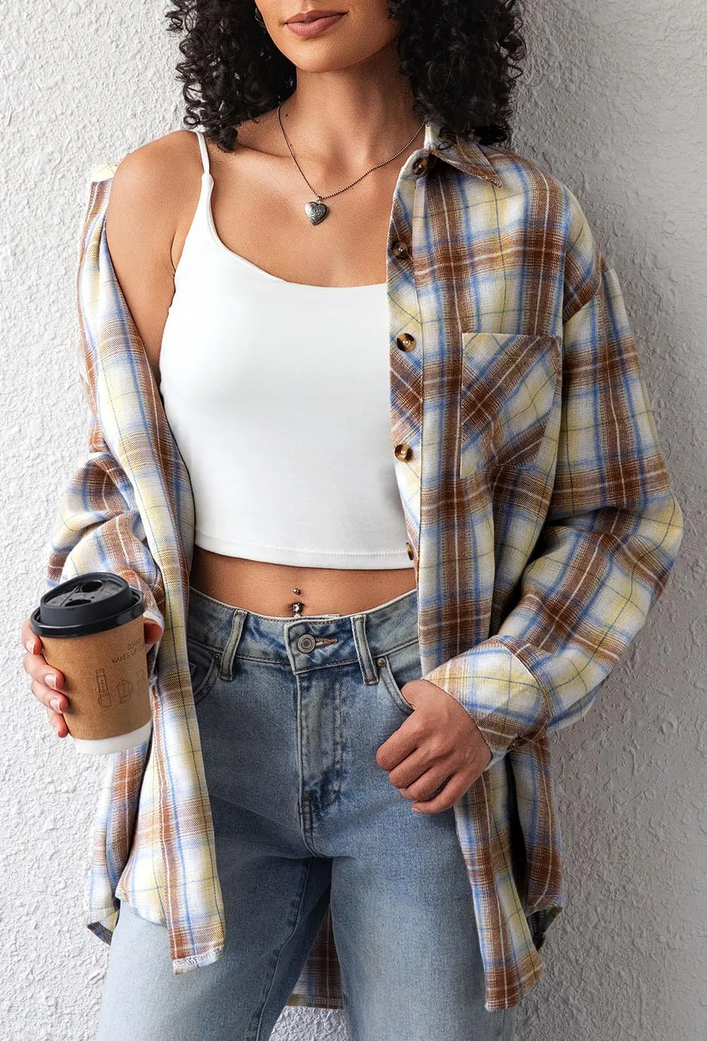 CHYRII Womens Button Down Flannel Shirts Long Sleeve Plaid Shackets Business Casual Blouse Top
