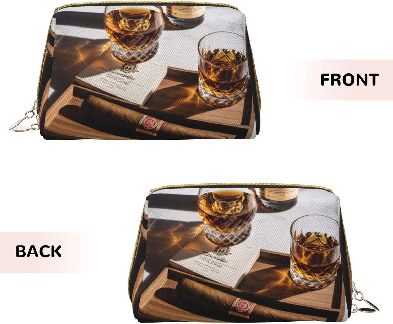 Cigar & Whiskey Printed Small Makeup Bag,Travel Cosmetic Bag Purse with Zipper,Water-resistant Makeup Organizer Bag for Women